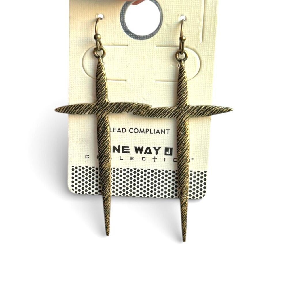 NWT Womens One Way Collection Burnished Gold Textured Cross Dangle Earrings